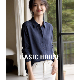 显瘦百搭衬衣衬衫 百家好浅蓝肌理感宽松长袖 简约翻领通勤上衣春季