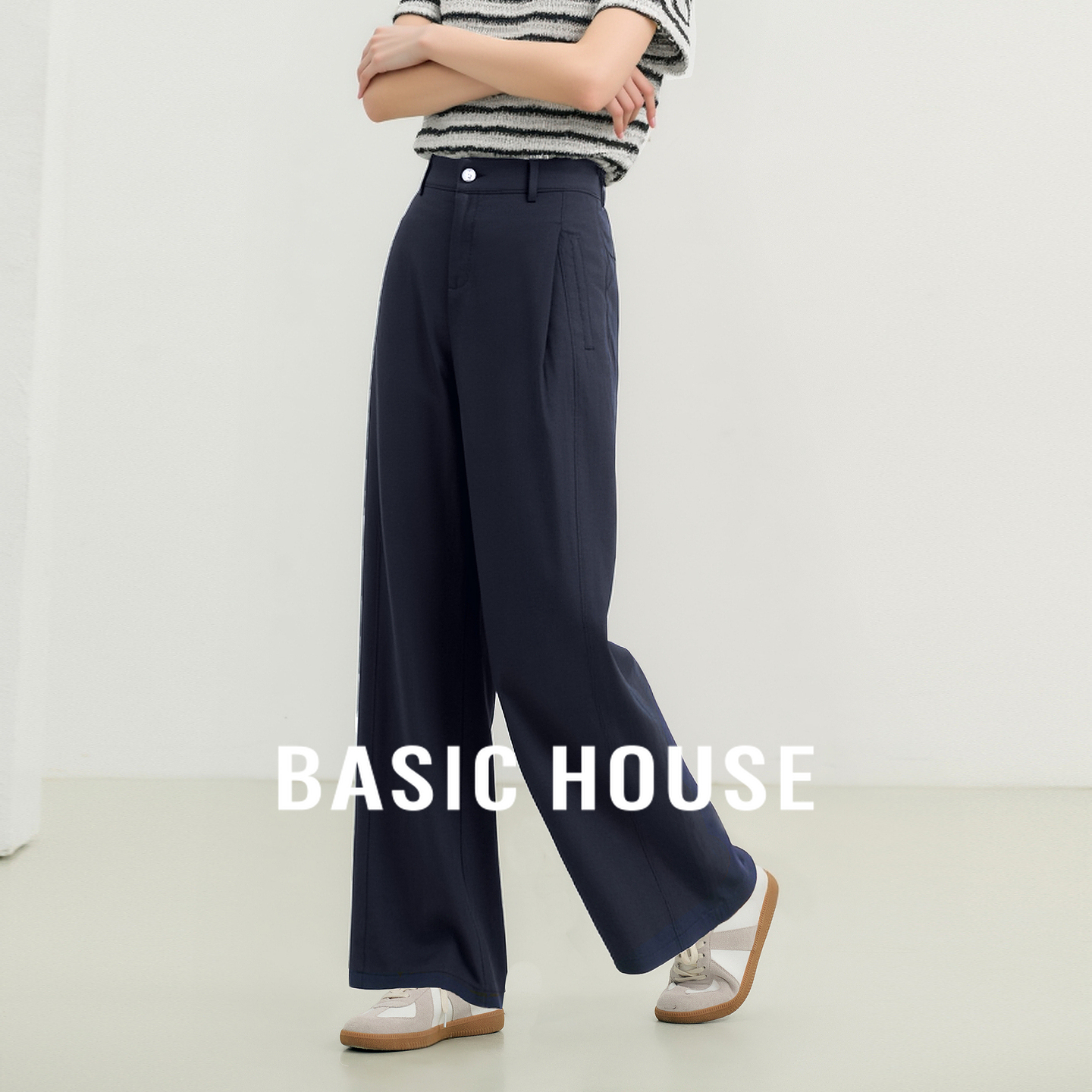 Basic House/百家好莱赛尔亚麻休闲裤女2025秋季新款宽松阔腿裤子