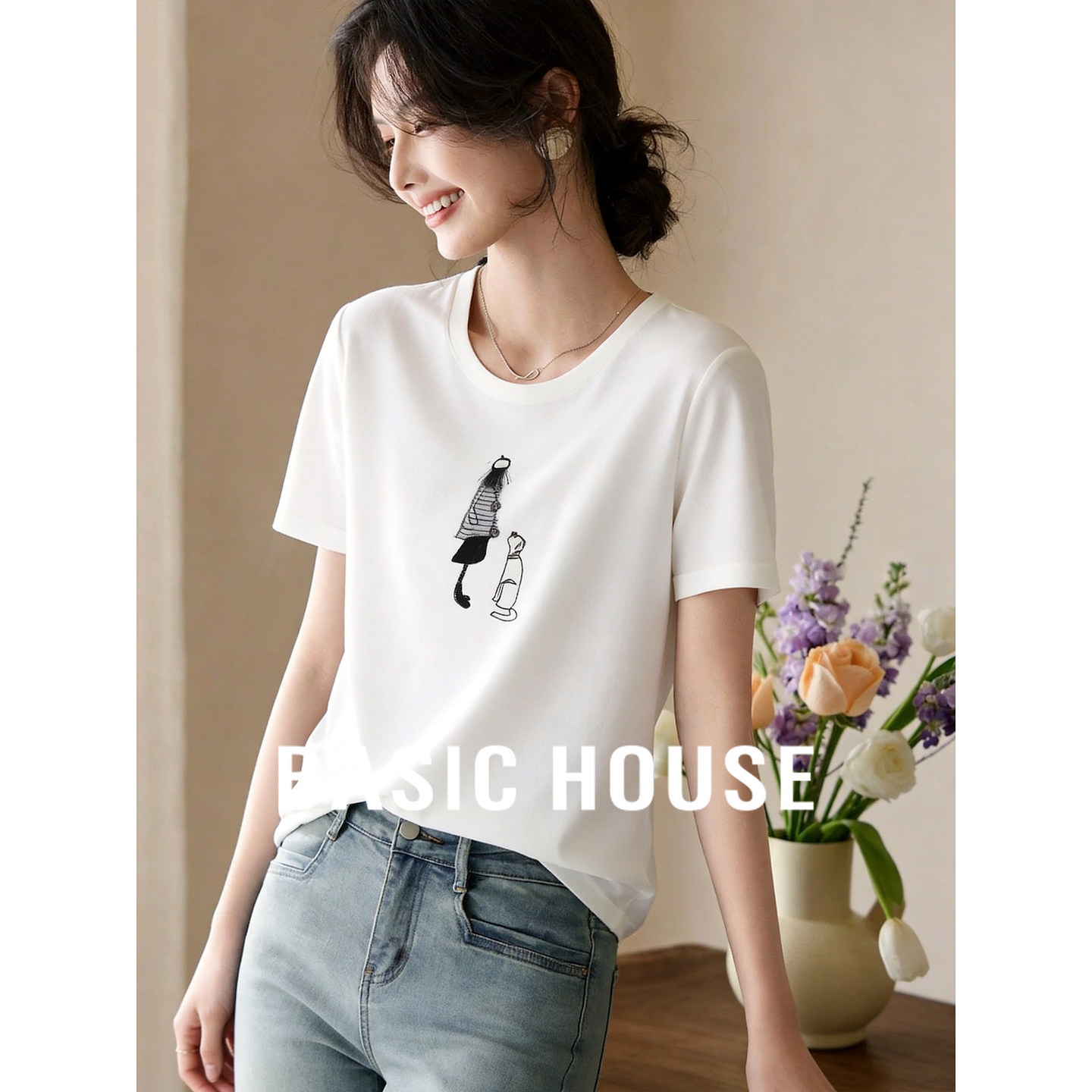 Basic House/百家好艺术感插画提花针织衫女薄款宽松冰丝短袖上衣