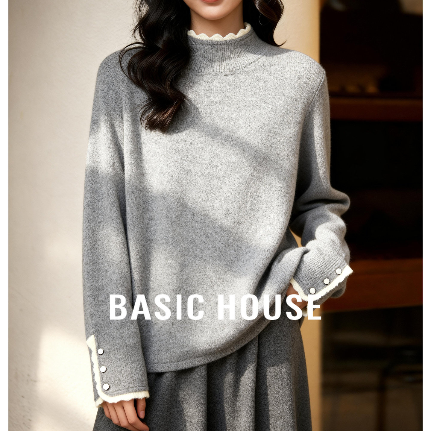 百家好撞色花边气质冬装毛衣女冬季新款加厚保暖绵羊毛针织衫上衣