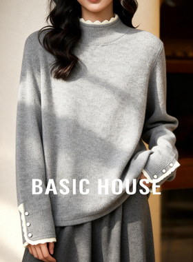 Basic House/百家好花瓣圆领设计纯色毛衣女秋冬保暖简约百搭上衣