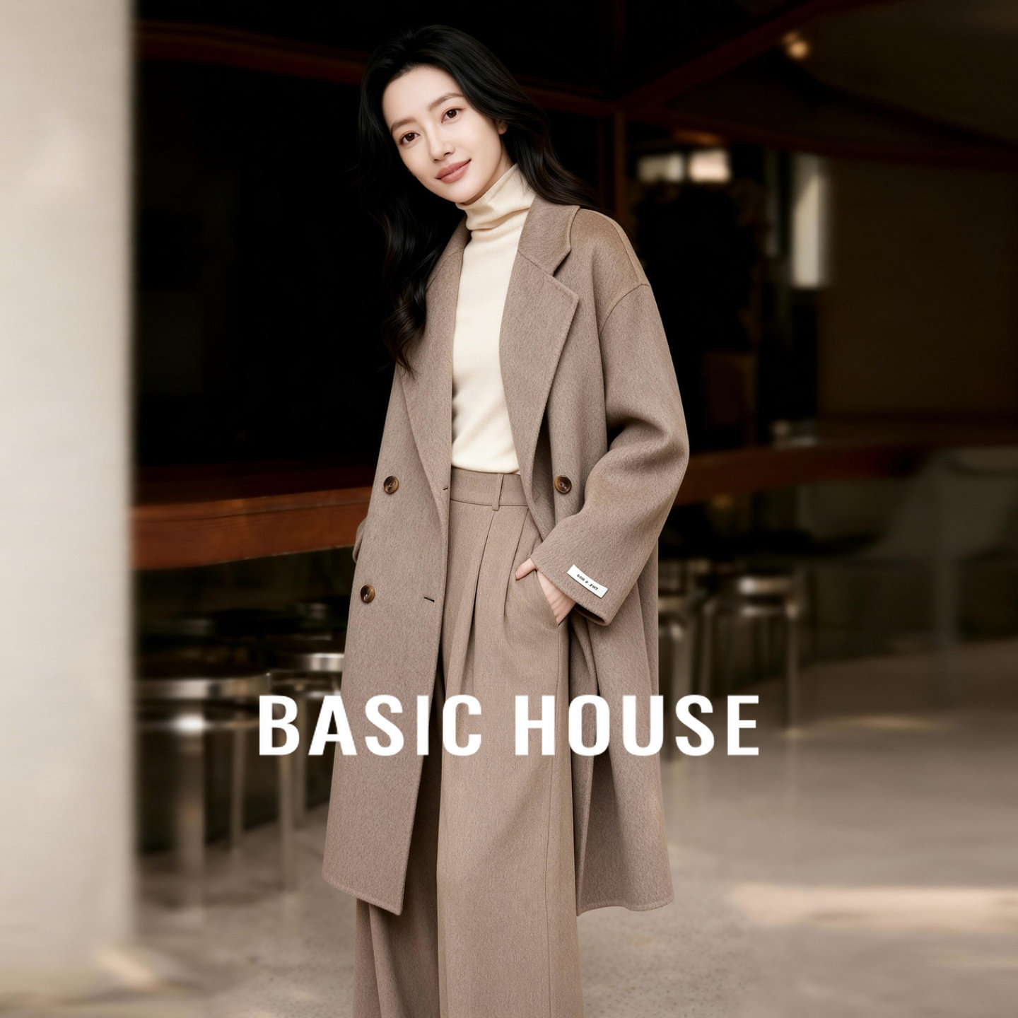 Basic House/百家好绵羊毛双面呢大衣女冬季气质双排扣中长款外套,女装/女士精品,毛呢外套,淘宝优惠券,粉丝福利购,淘宝优惠卷