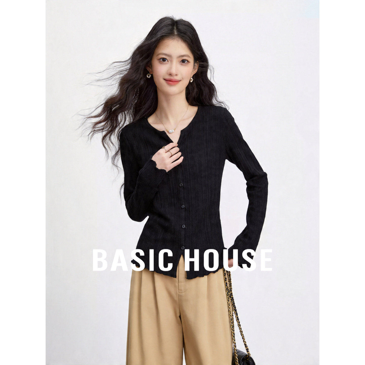 Basic House/百家好黑色V领开衫女夏新款蚕丝坑条针织衫通勤上衣