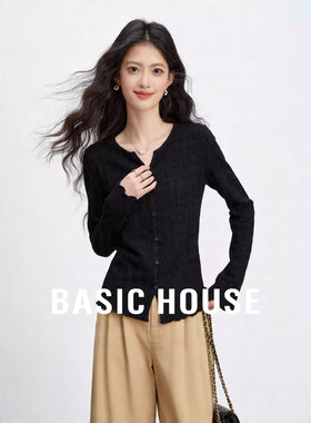 Basic House/百家好黑色V领开衫女夏新款蚕丝坑条针织衫通勤上衣
