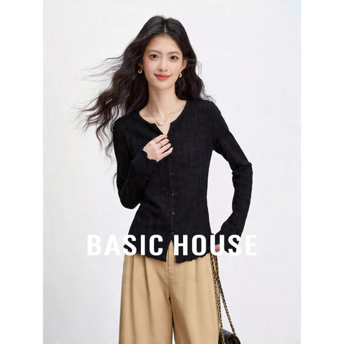 Basic House/百家好黑色V领开衫女夏新款蚕丝坑条针织衫通勤上衣