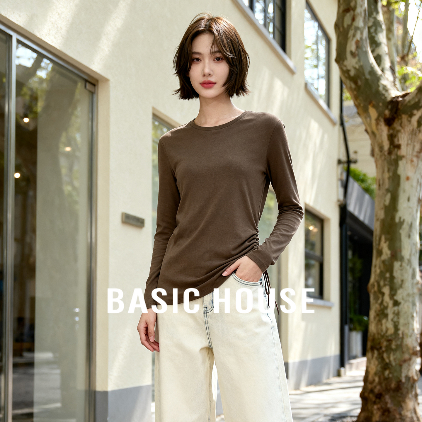 Basic House/百家好简约长袖抽绳上衣2025秋冬修身显瘦套头T恤女