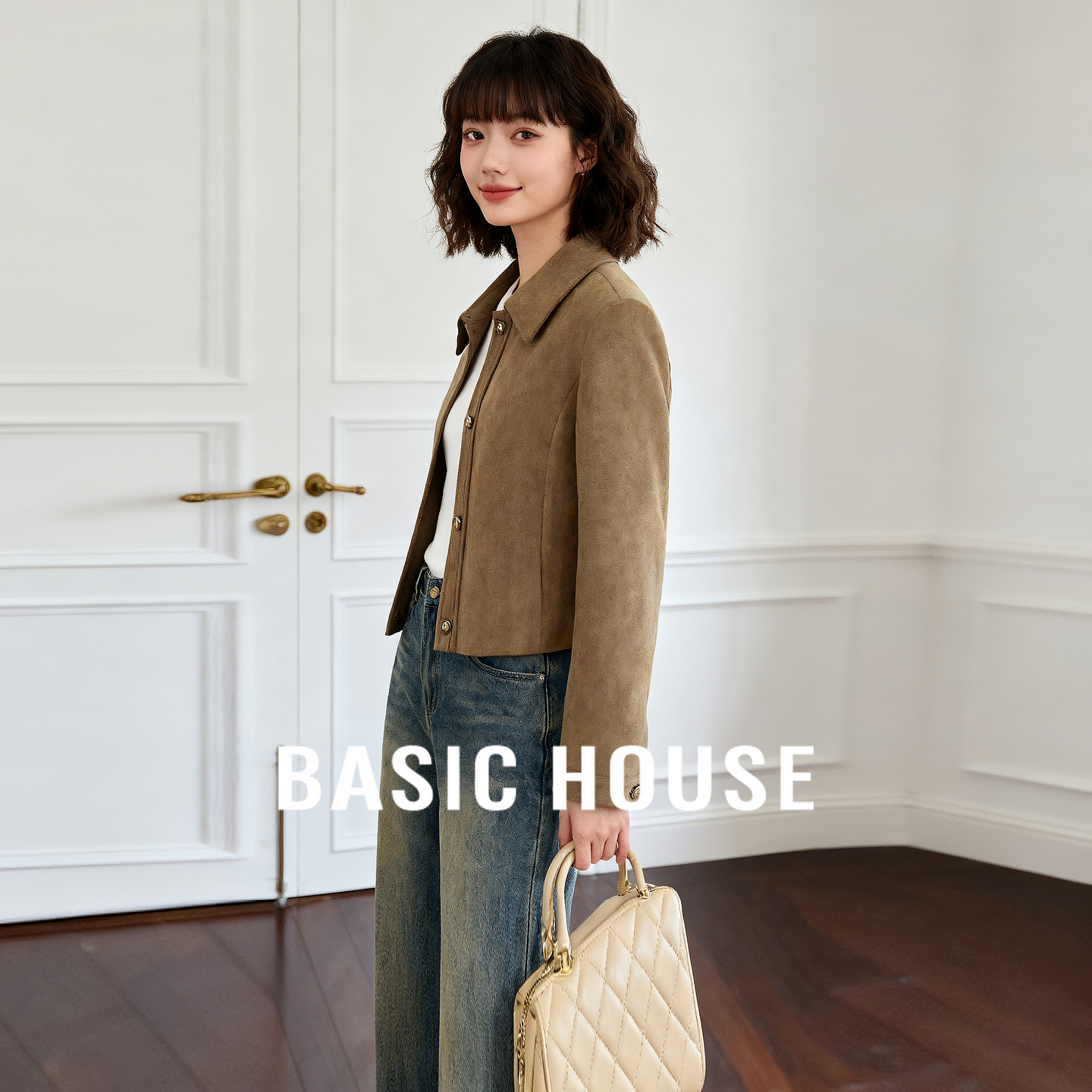 Basic House/百家好复古风翻领外套2025秋季简约磨毛拼接短外套女