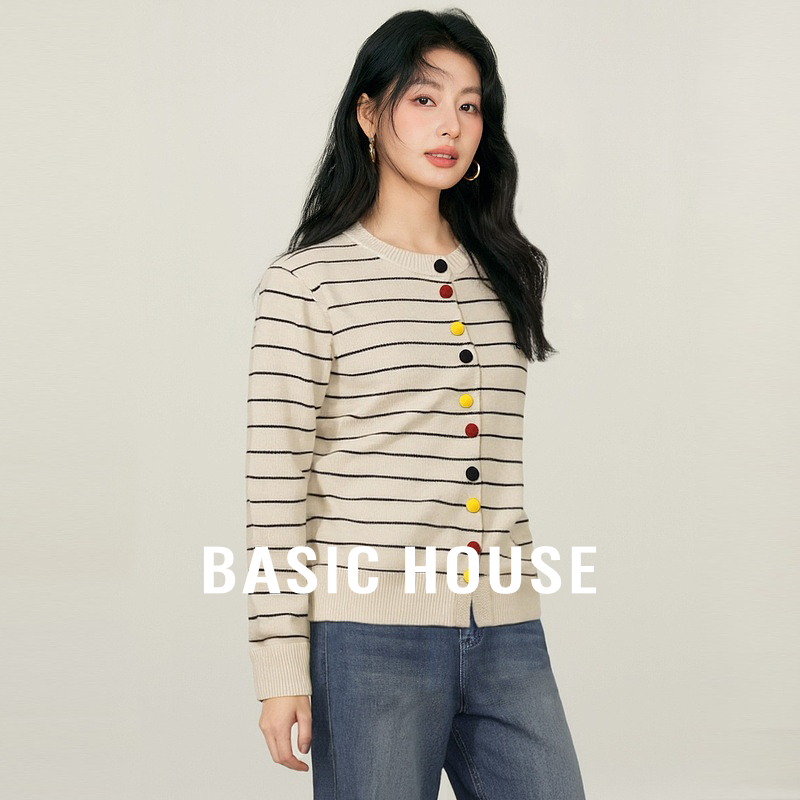 撞色条纹开衫外套2025宽松慵懒彩色扣刺绣毛衣