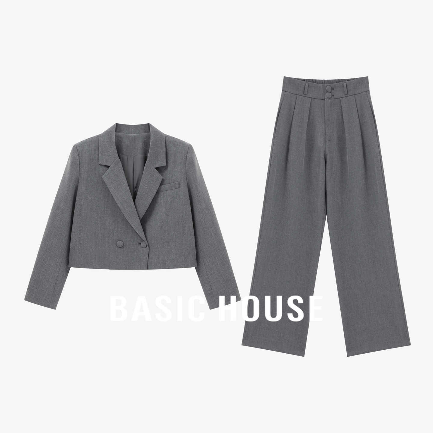 Basic House/百家好灰色短款西装阔腿裤套装女气质通勤休闲两件套