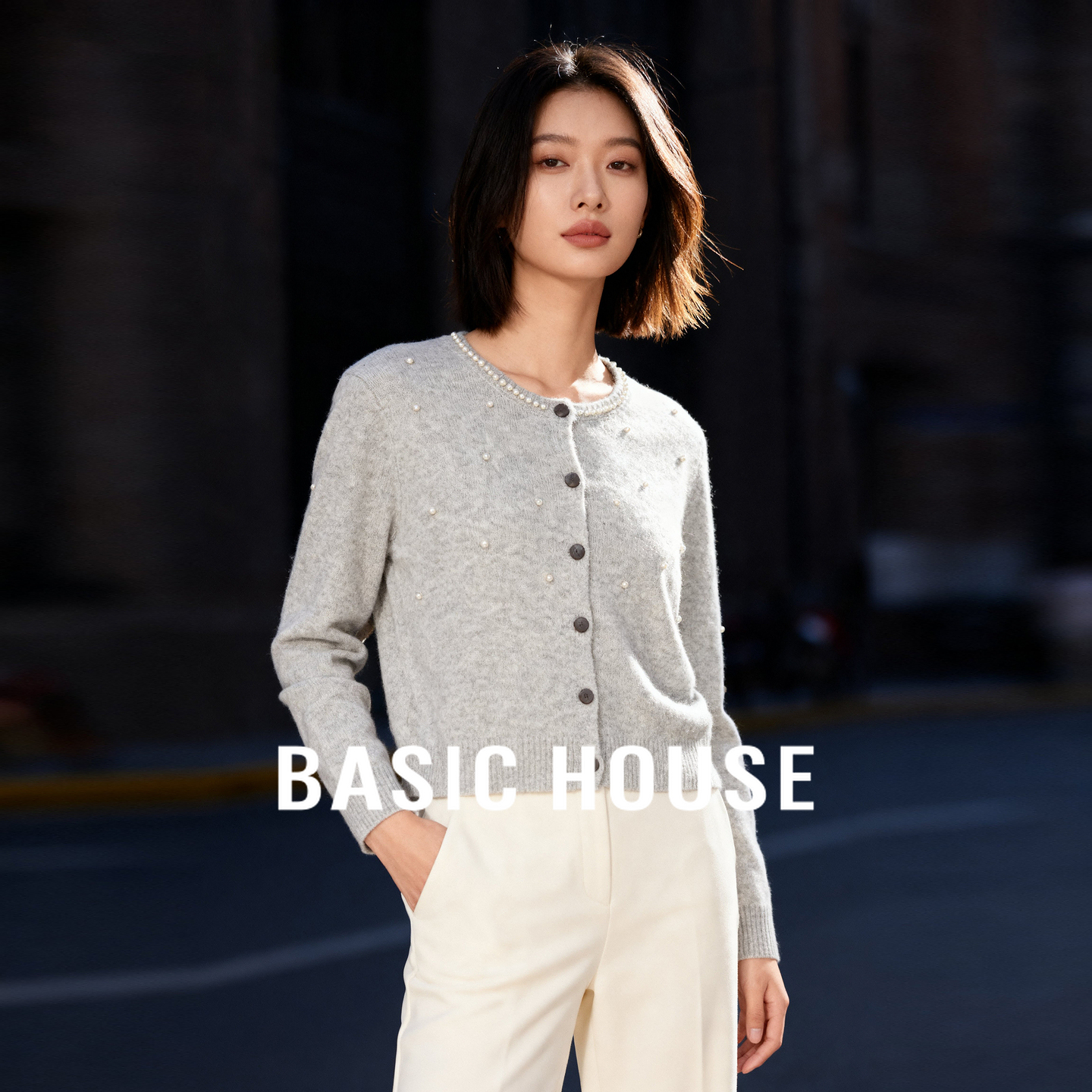 Basic House/百家好绵羊毛珠钉毛衣开衫小个子纯色圆领上衣2025女