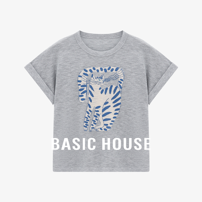 Basic House/百家好猫咪印花短袖上衣夏季新款简约休闲时尚针织衫