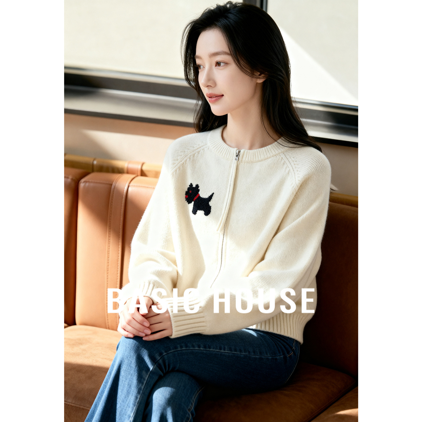 Basic House/百家好小狗提花开衫毛衣女2025秋装新款减龄百搭外套