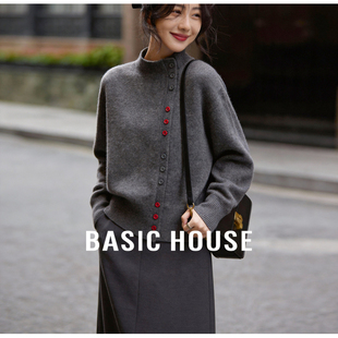Basic House/百家好复古韩系高领针织开衫女春新款慵懒风毛衣外套