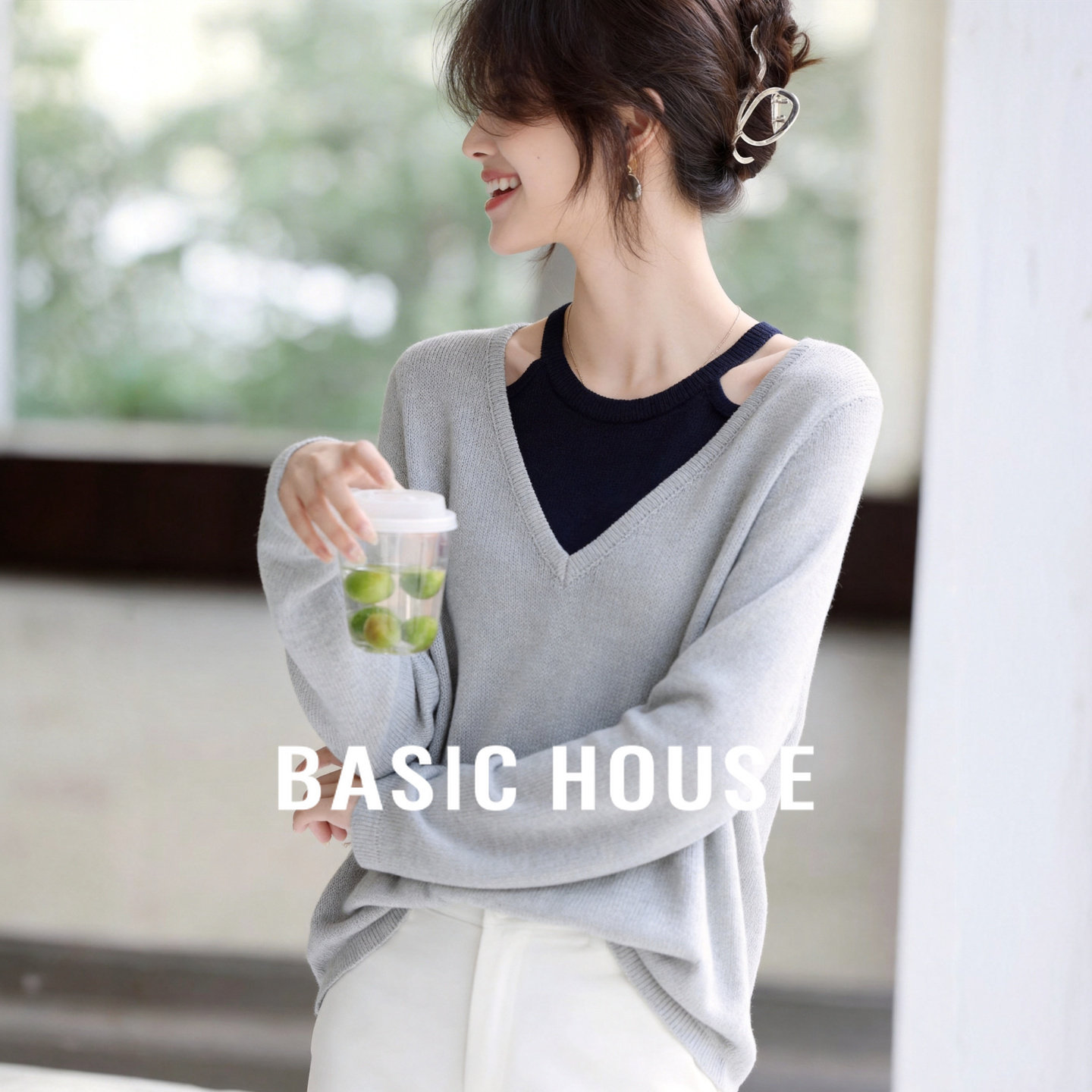Basic House/百家好假两件露肩针织衫女春夏宽松长袖薄款透气上衣