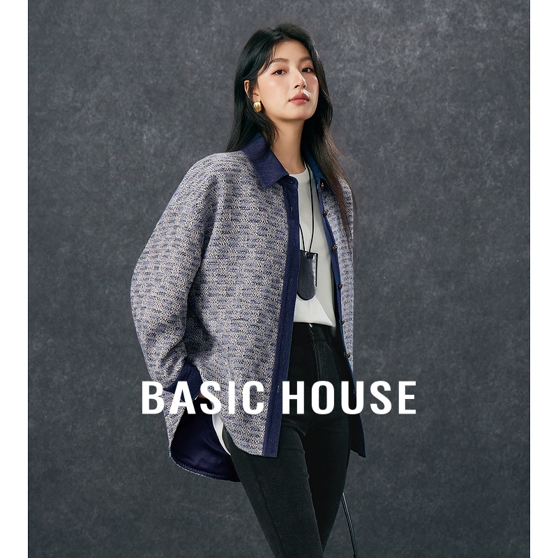 Basic House/百家好牛仔拼接小香风衬衫外套秋季新款设计感上衣女