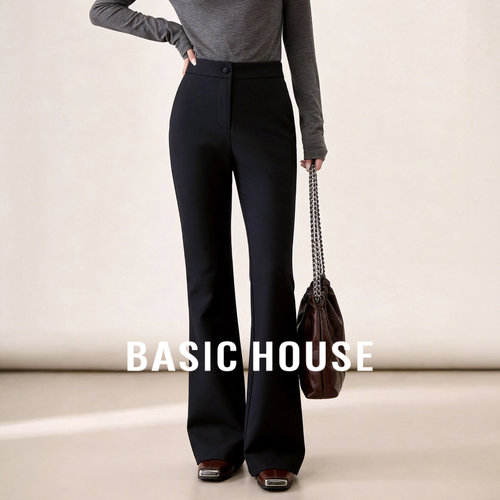 Basic House/百家好极简风黑色高腰微喇休闲裤女显瘦垂感通勤长裤