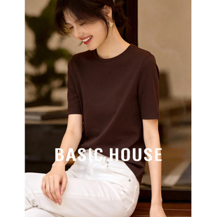 Basic House/百家好咖色圆领T恤春季新款宽松显瘦内搭短袖上衣女
