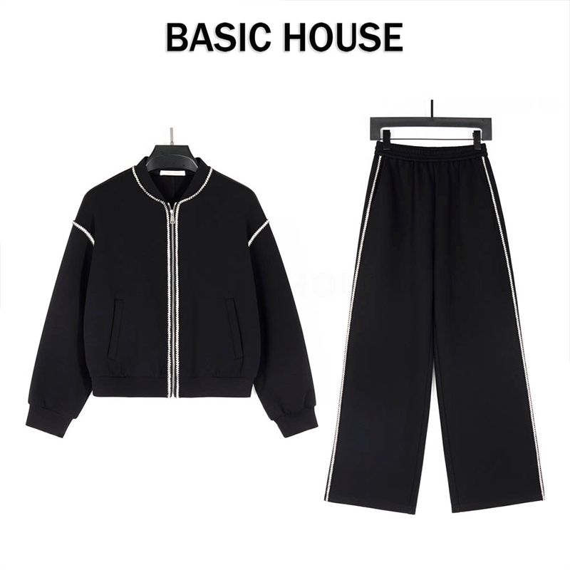 Basic House/百家好复古高级感宽松外套宽休闲撞色点缀长裤两件套