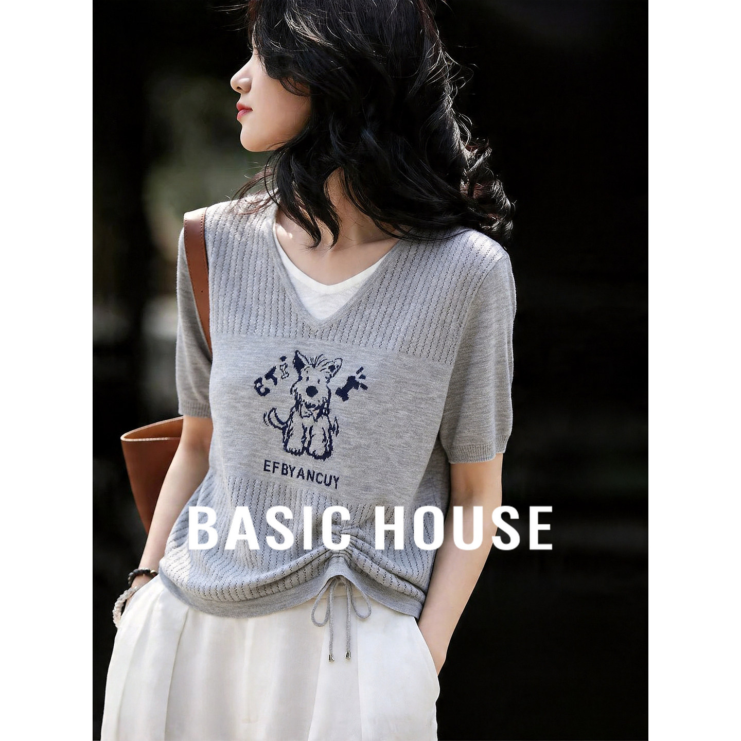 Basic House/百家好韩系减龄小狗针织衫女薄款V领假两件抽绳上衣