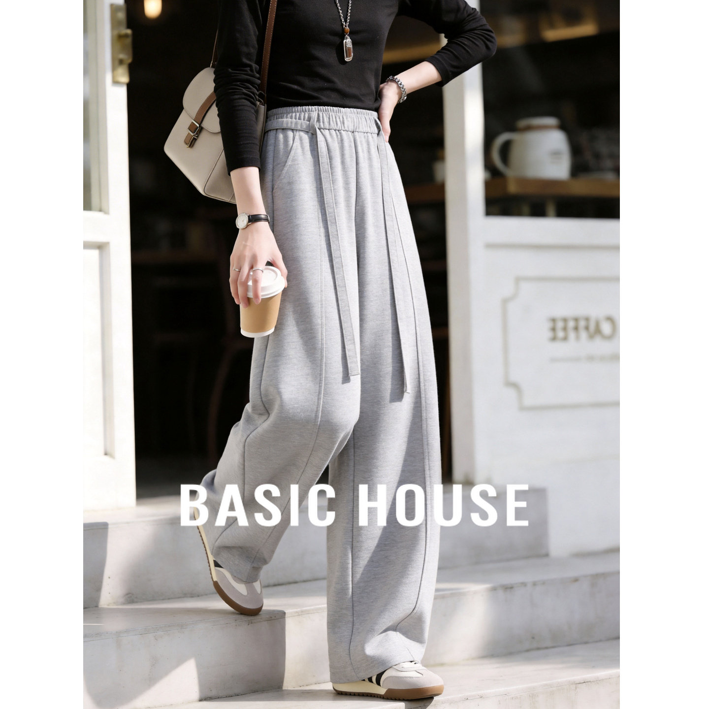Basic House/百家好慵懒风灰色阔腿卫裤女春夏高腰宽松直筒休闲裤