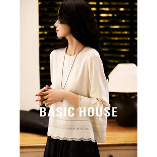 圆领气质上衣春 女宽松显瘦长袖 百家好法式 温柔风米色蕾丝拼接衬衫