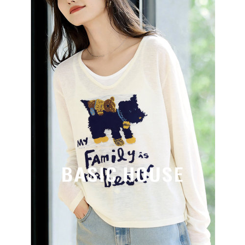 百家好假两件V领小狗提花针织衫