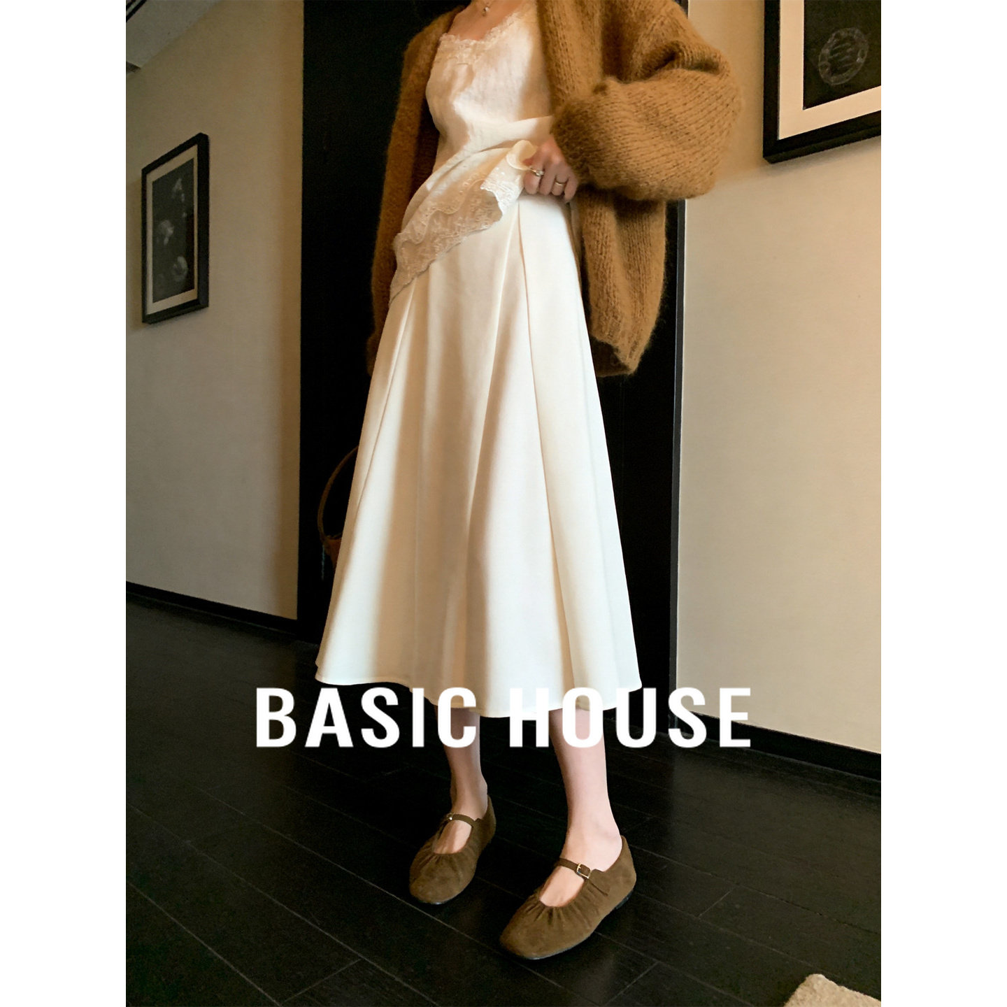 Basic House/百家好法式复古白色半身裙女春新款莱赛尔气质A字裙