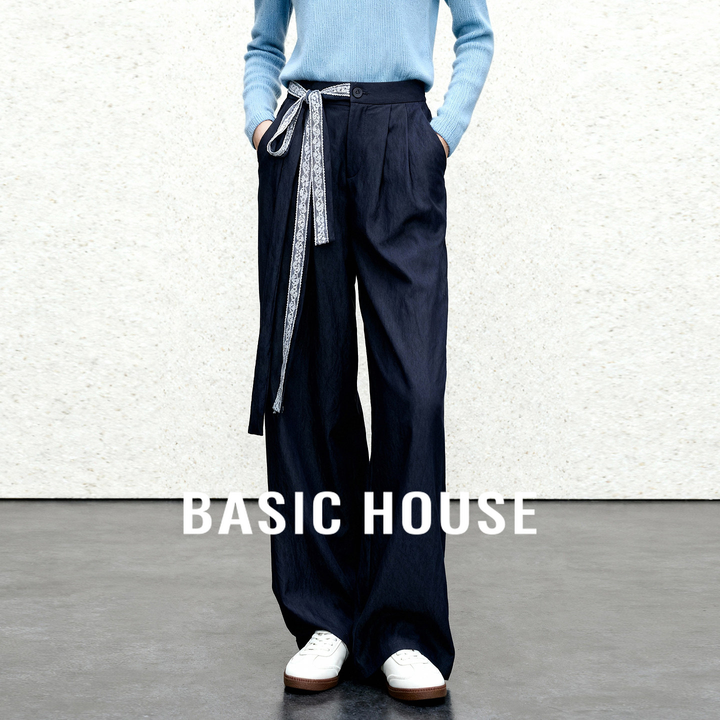 Basic House/百家好高腰绑带设计感阔腿裤夏秋宽松休闲长款裤子女