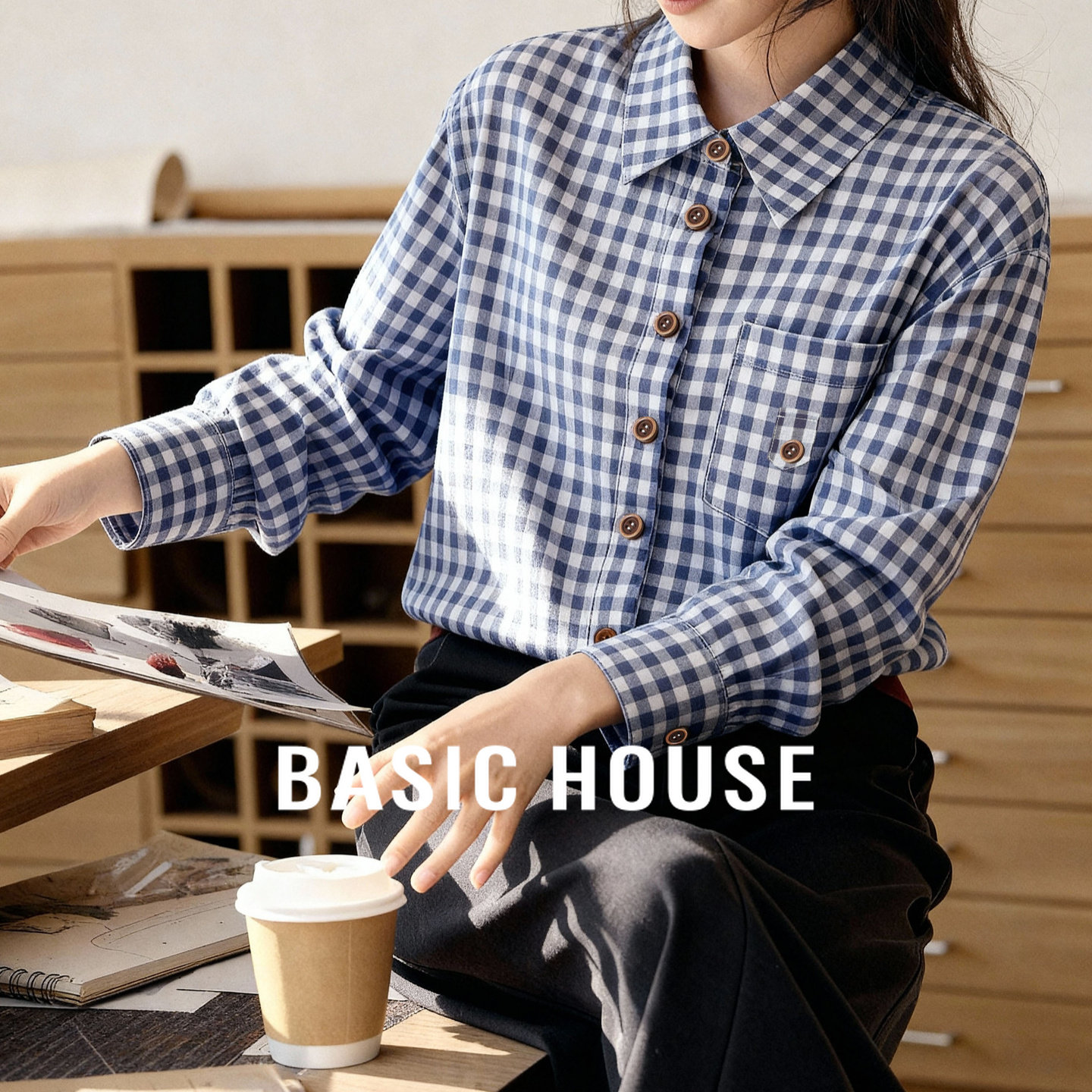 Basic House/百家好翻领格纹拼色衬衫女春新款高级感通勤百搭外套,女装/女士精品,衬衫,淘宝优惠券,粉丝福利购,淘宝优惠卷