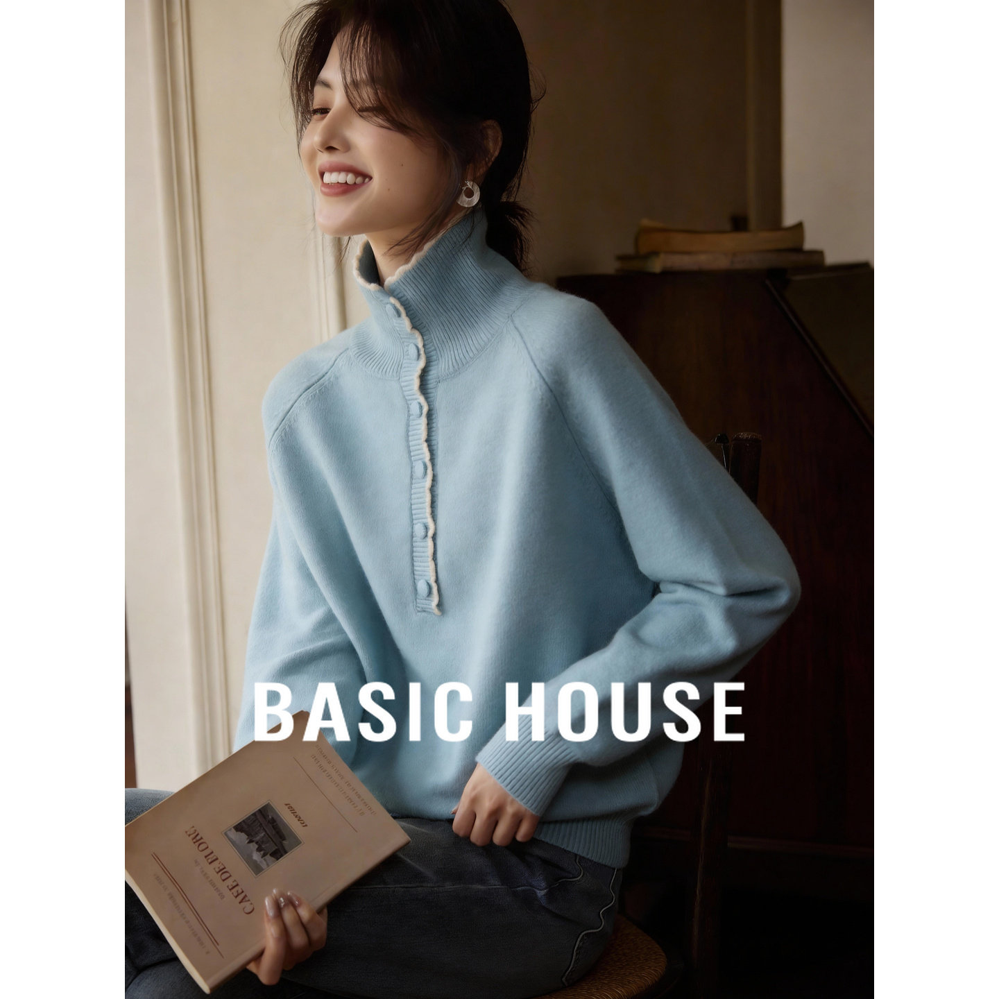 Basic House/百家好立领撞色单排扣上衣女冬新款清新宽松套头毛衣,女装/女士精品,毛衣,淘宝优惠券,粉丝福利购,淘宝优惠卷