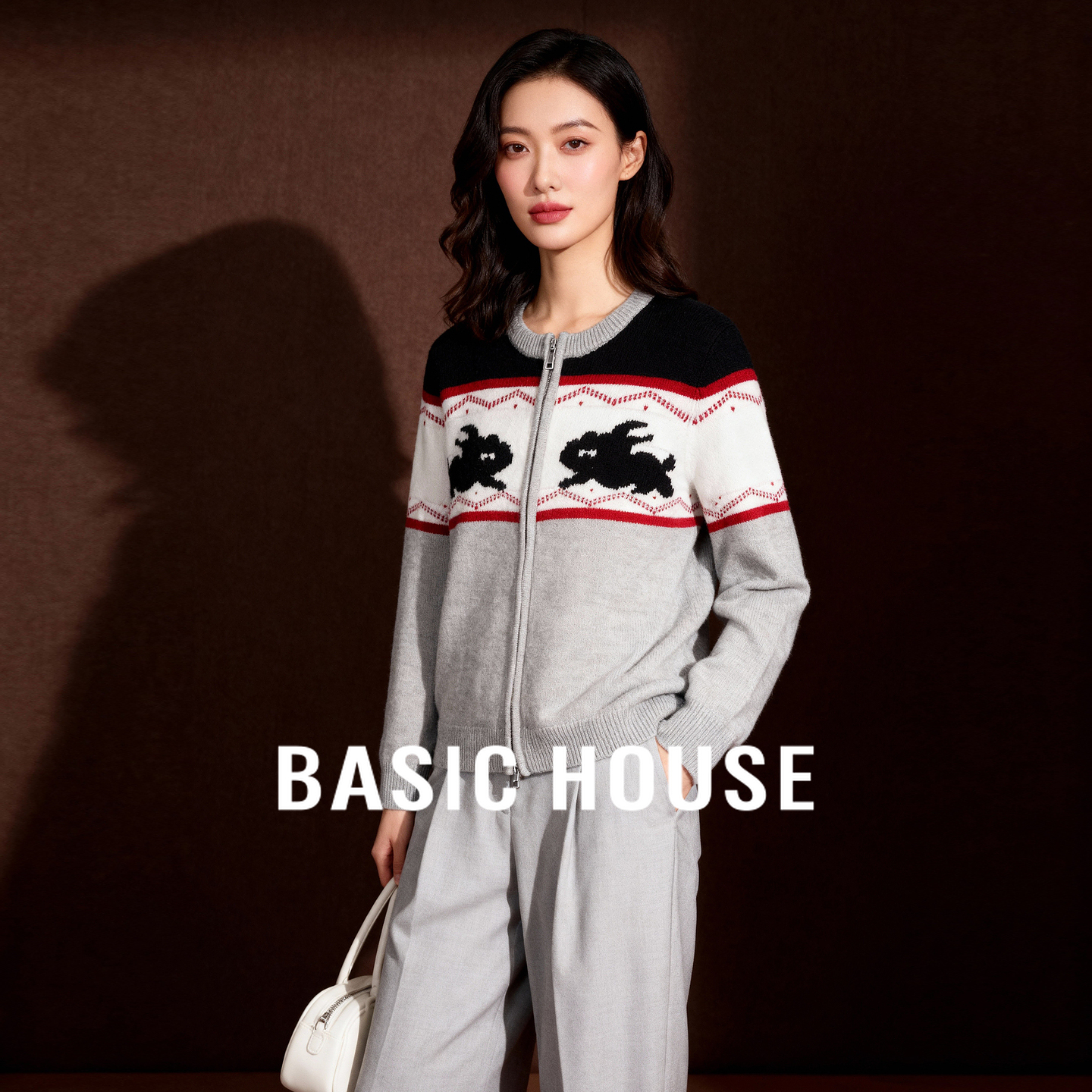 Basic House/百家好费尔岛双头拉链毛衣绵羊毛圆领提花开衫外套