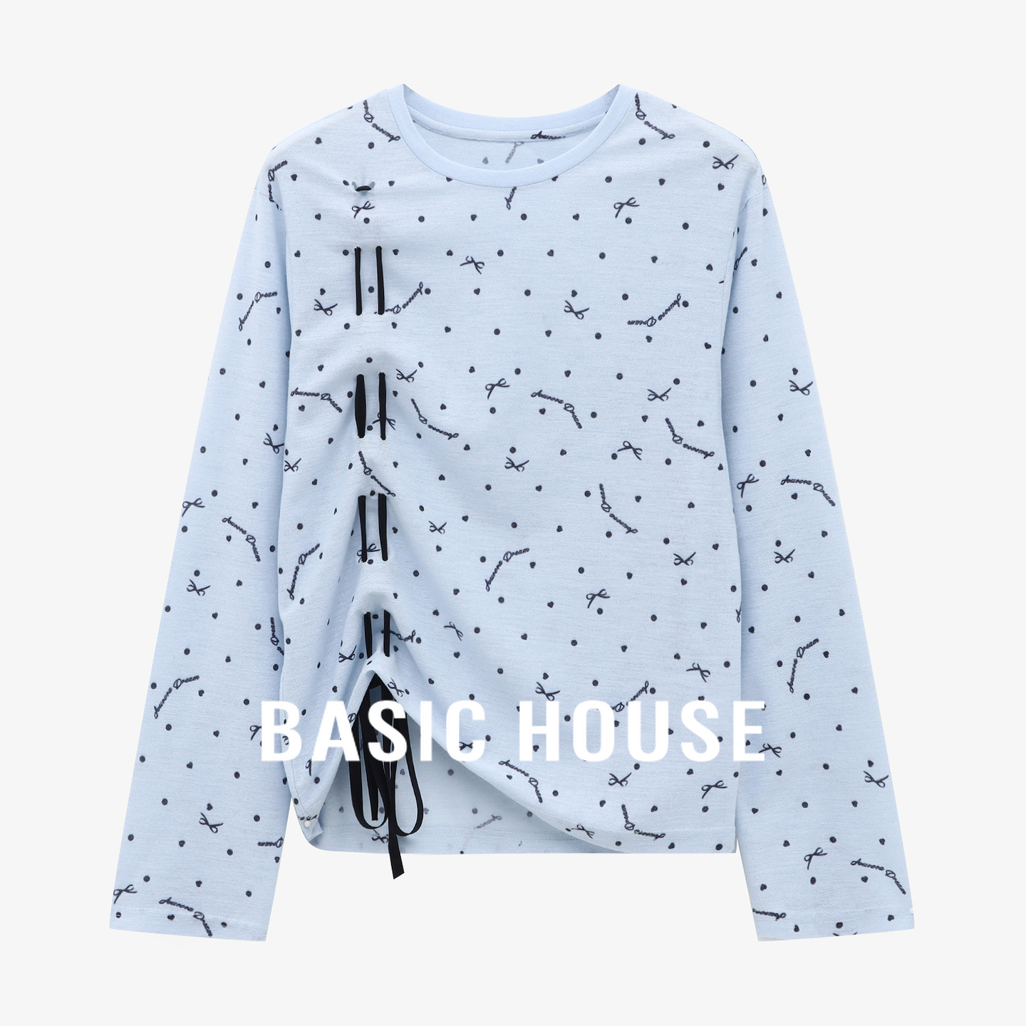 Basic House/百家好撞色印花侧边抽绳系带设计秋季新款长袖T恤女