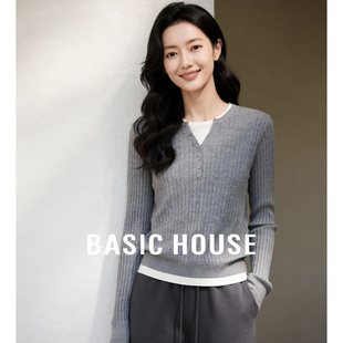 百家好黑白撞色假两件绵羊毛针织衫春季新款女士修身显瘦坑条毛衣