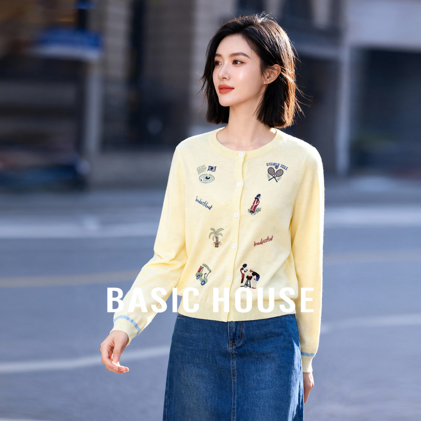 Basic House/百家好卡通减龄针织衫女2025秋宽松圆领开衫外套上衣