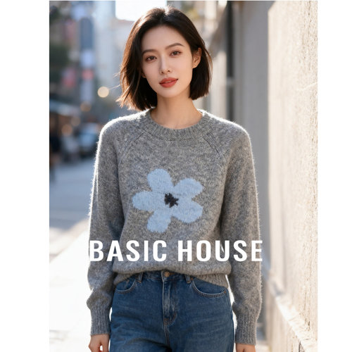 Basic House/百家好时尚慵懒刺绣小花毛衣女秋冬新款短款套头上衣