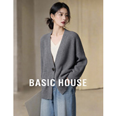 显瘦绵羊毛一粒扣中长款 百家好灰色V领毛衣开衫 外套 House Basic
