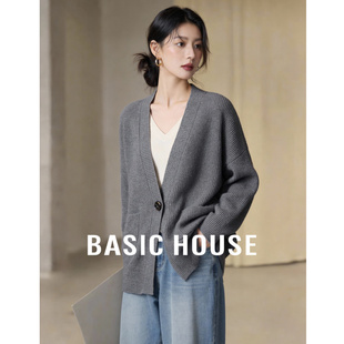 Basic House/百家好灰色V领毛衣开衫显瘦绵羊毛一粒扣中长款外套