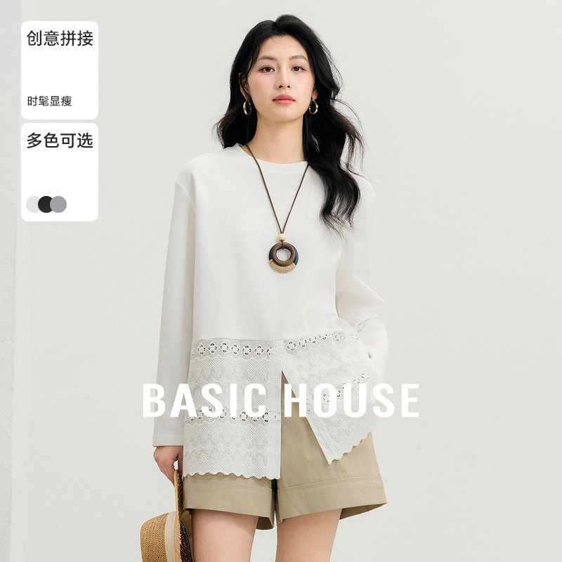 Basic House/百家好蕾丝拼接长袖T恤女秋冬新款流行圆领开叉上衣,女装/女士精品,T恤,淘宝优惠券,粉丝福利购,淘宝优惠卷