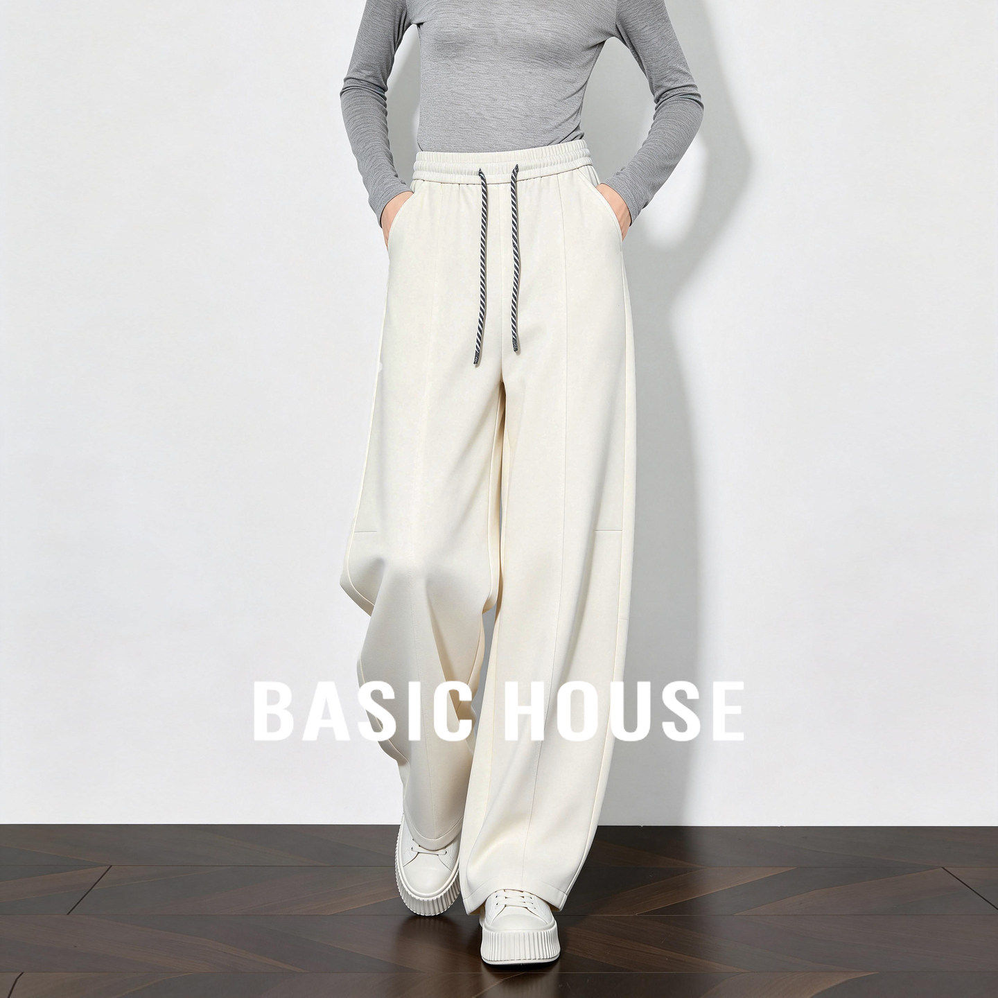 百家好2026春季新款抽绳阔腿裤女宽松直筒休闲裤高腰显瘦白色卫裤