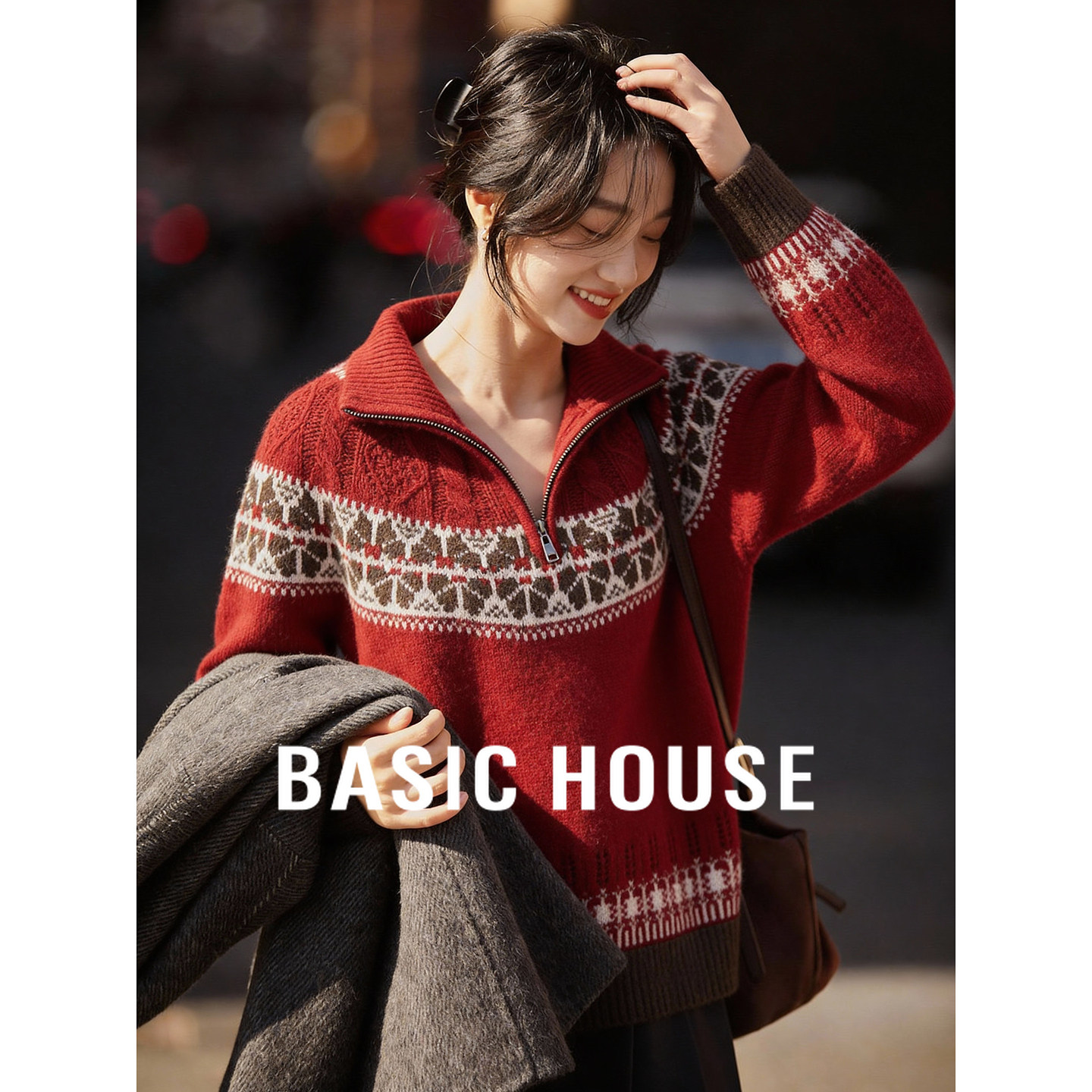 百家好费尔岛提花半拉链高领毛衣女新年红棕宽松保暖复古针织衫,女装/女士精品,毛衣,淘宝优惠券,粉丝福利购,淘宝优惠卷