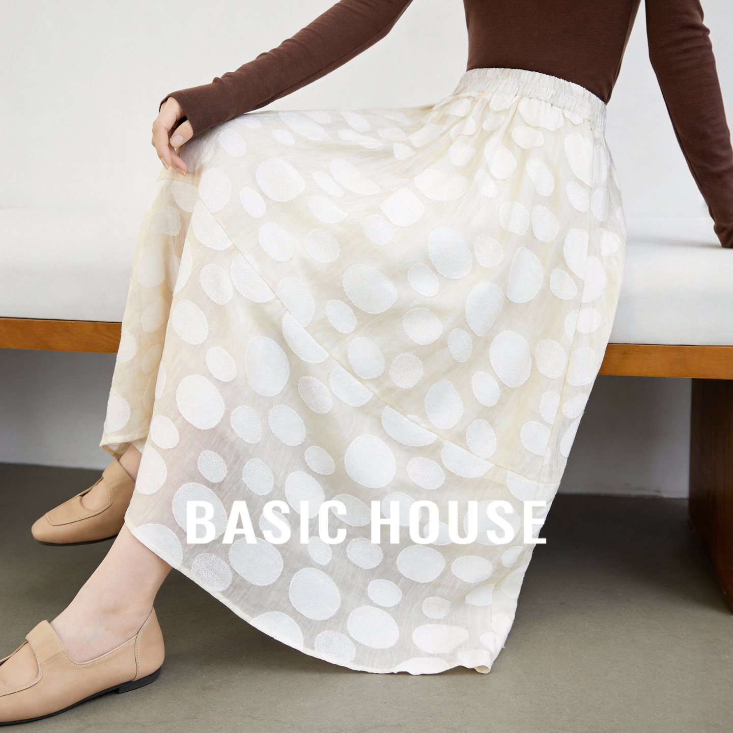 Basic House/百家好法式波点白色半身裙气质双层高腰A字裙春夏季