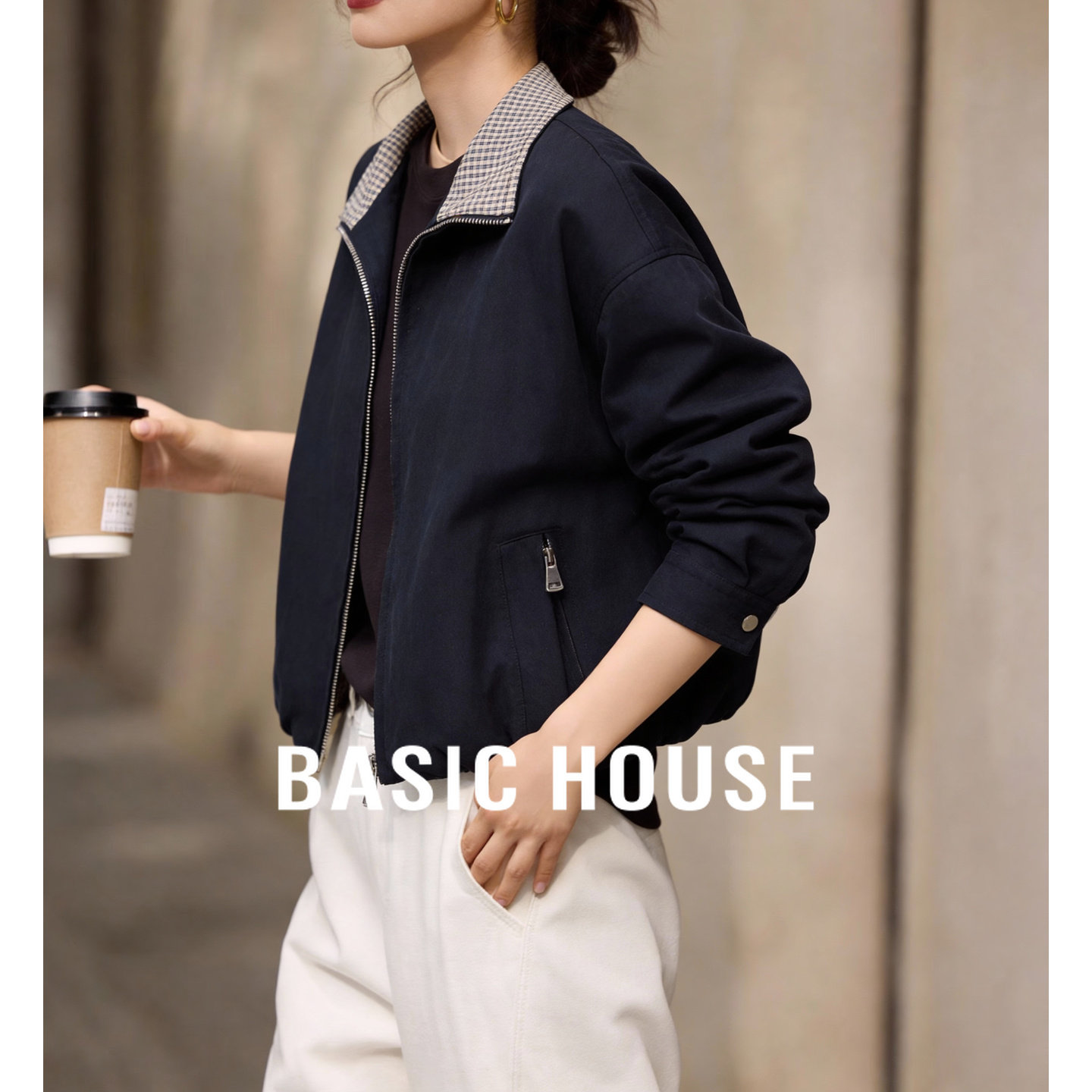 百家好藏青色格子翻领短外套女春季新款小个子气质感拉链开衫上衣