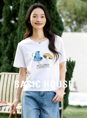 Basic House/百家好白色蘑菇印花棉T恤女夏新款短款显瘦短袖上衣