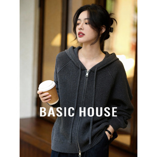 Basic House/百家好连帽灰色拉链毛衣开衫女春季可外穿内搭上衣
