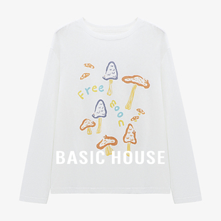 Basic House/百家好童趣蘑菇印花T恤女秋冬宽松白色长袖森系上衣