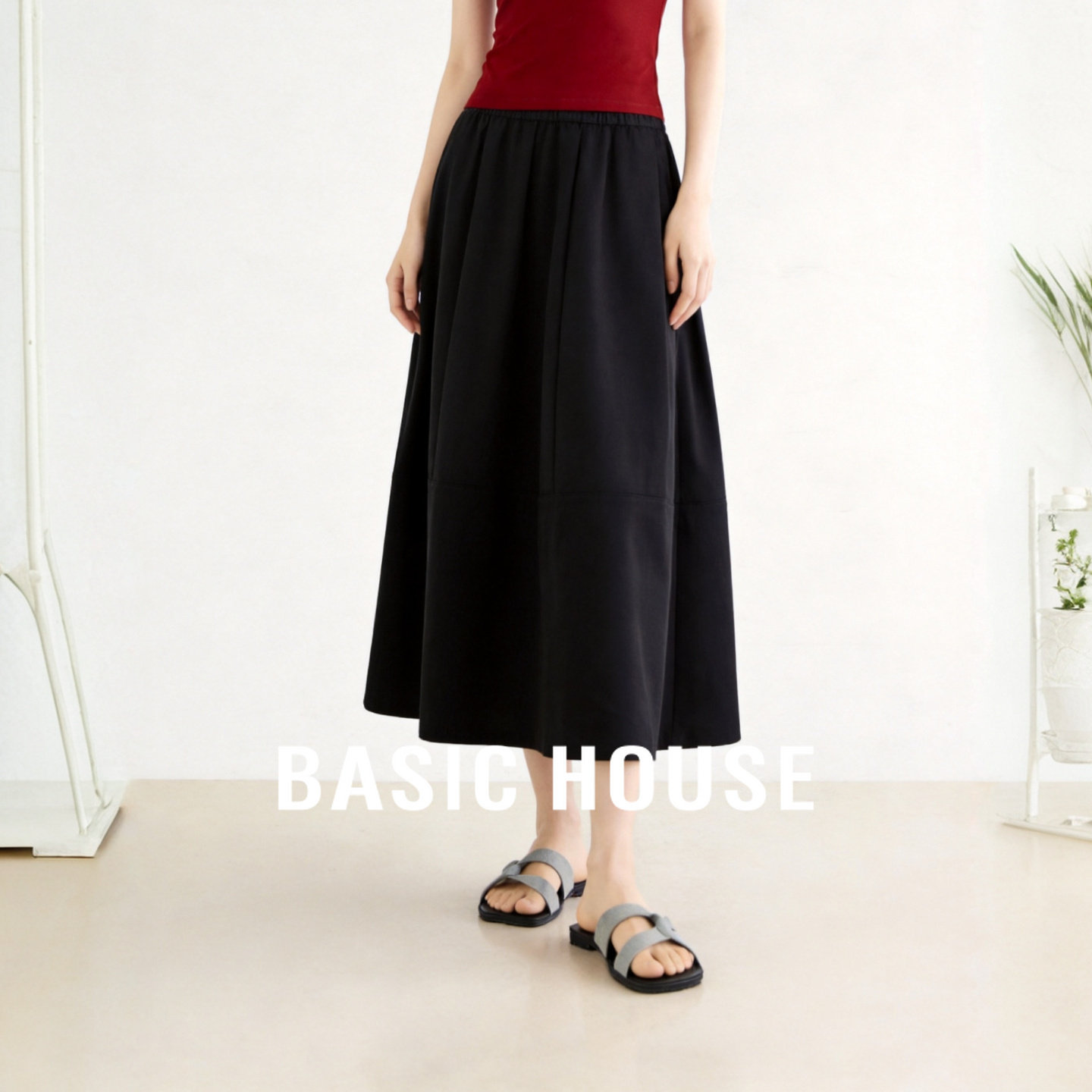 Basic House/百家好轻熟优雅风黑色A字半身裙女夏垂感褶皱中长裙
