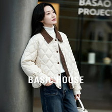 Basic House/百家好撞色菱格短款羽绒服2025冬翻领设计感纽扣外套