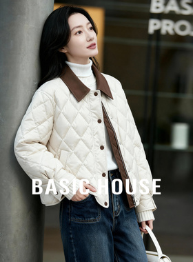 Basic House/百家好撞色菱格短款羽绒服2025冬翻领设计感纽扣外套