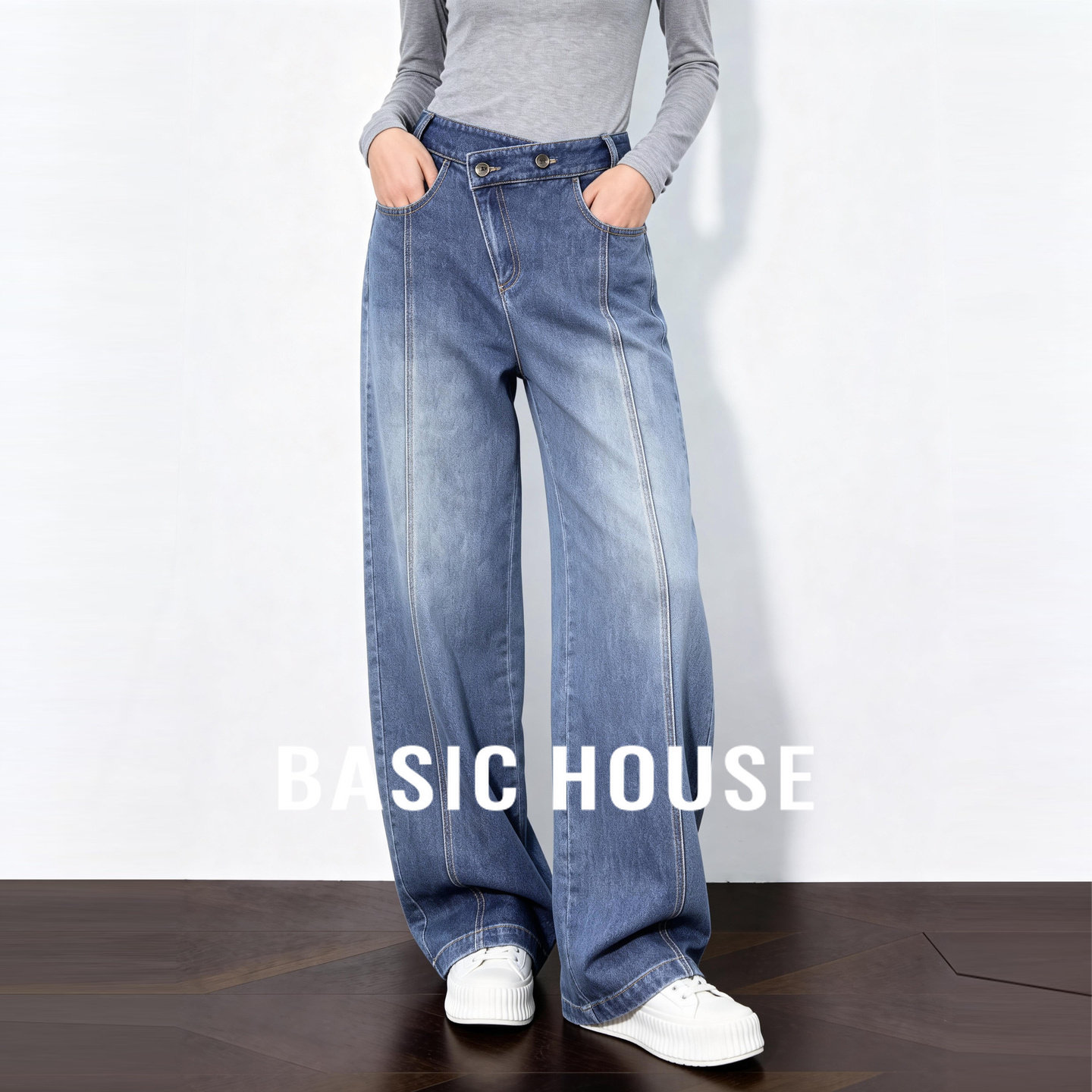 Basic House/百家好高腰直筒阔腿裤女水洗牛仔裤显瘦垂感休闲长裤