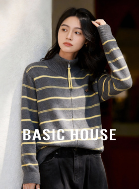 Basic House/百家好复古撞色条纹毛衣女半高领拉链宽松针织开衫春